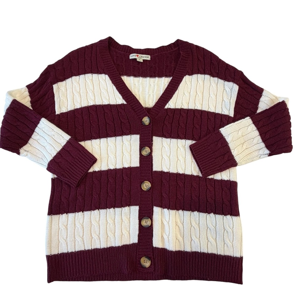 Burgundy Striped Cable Knit Cardigan, XL